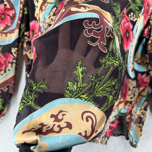 Vikki Vi Blouse Silk Velvet Burnout Blend Floral Semi Sheer Button‎ Up Top - Picture 4 of 9
